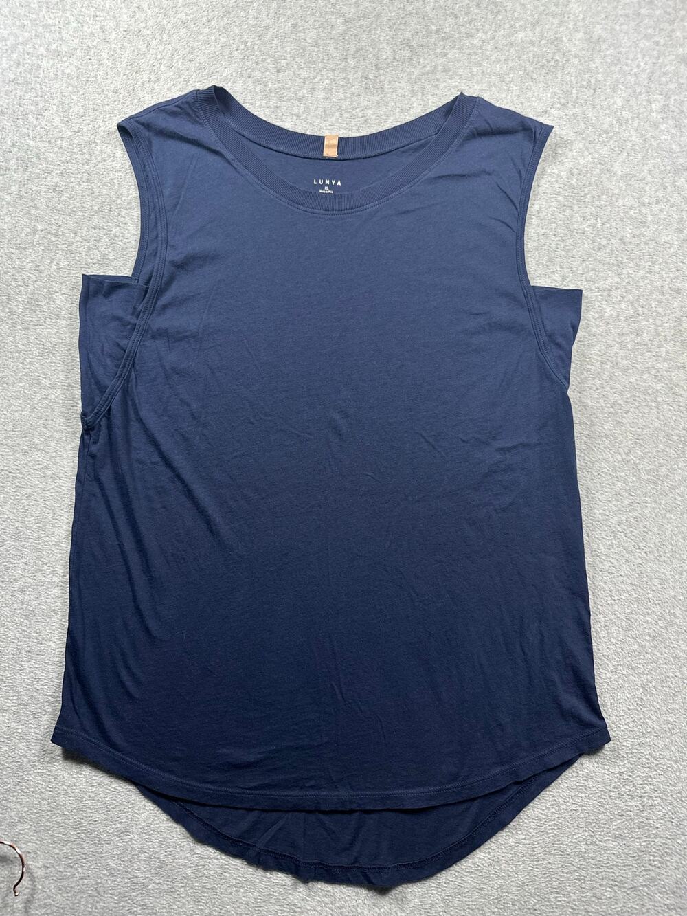 Lunya Tank Top Women's Size XL Navy Blue Cotton Curved Hem Crew Neck Sleeveless
